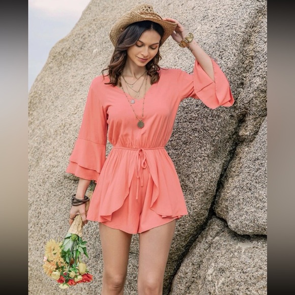 Dunya’s Fashion Pants - #130 Modern Bohemia Crush Ruffles Sleeves Peachy Romper 100% Viscose